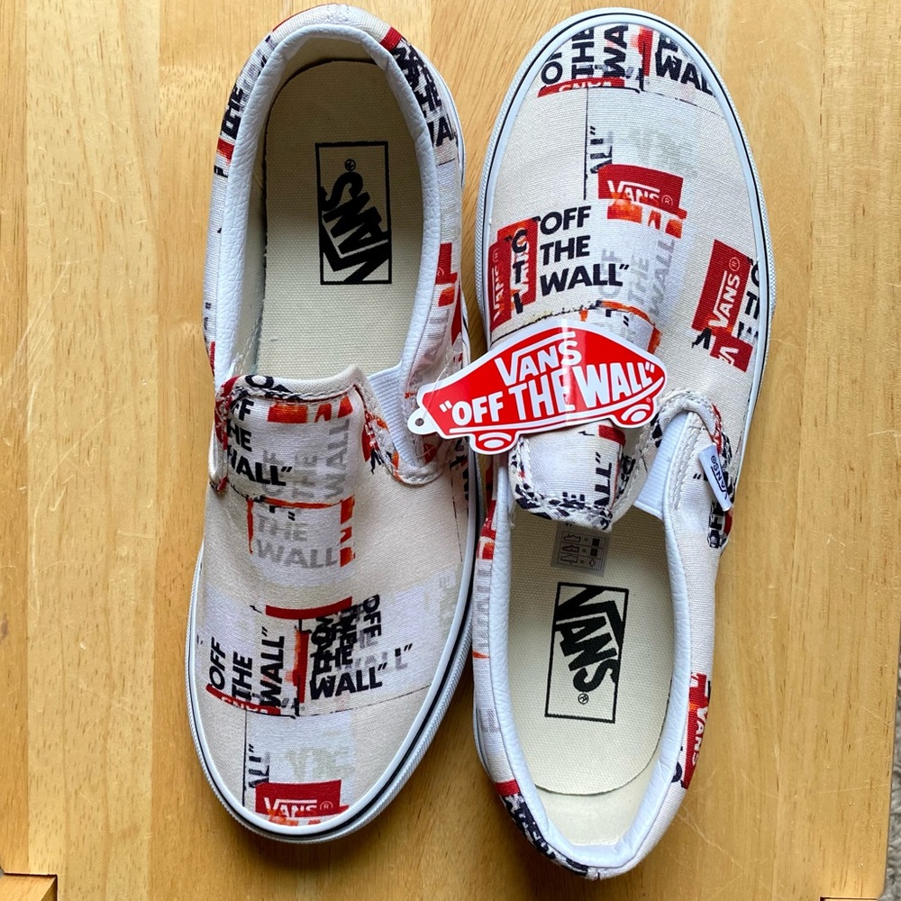 Vans Classic Slip On (Packing Tape) white, red black Off The Wall logo men’s 8